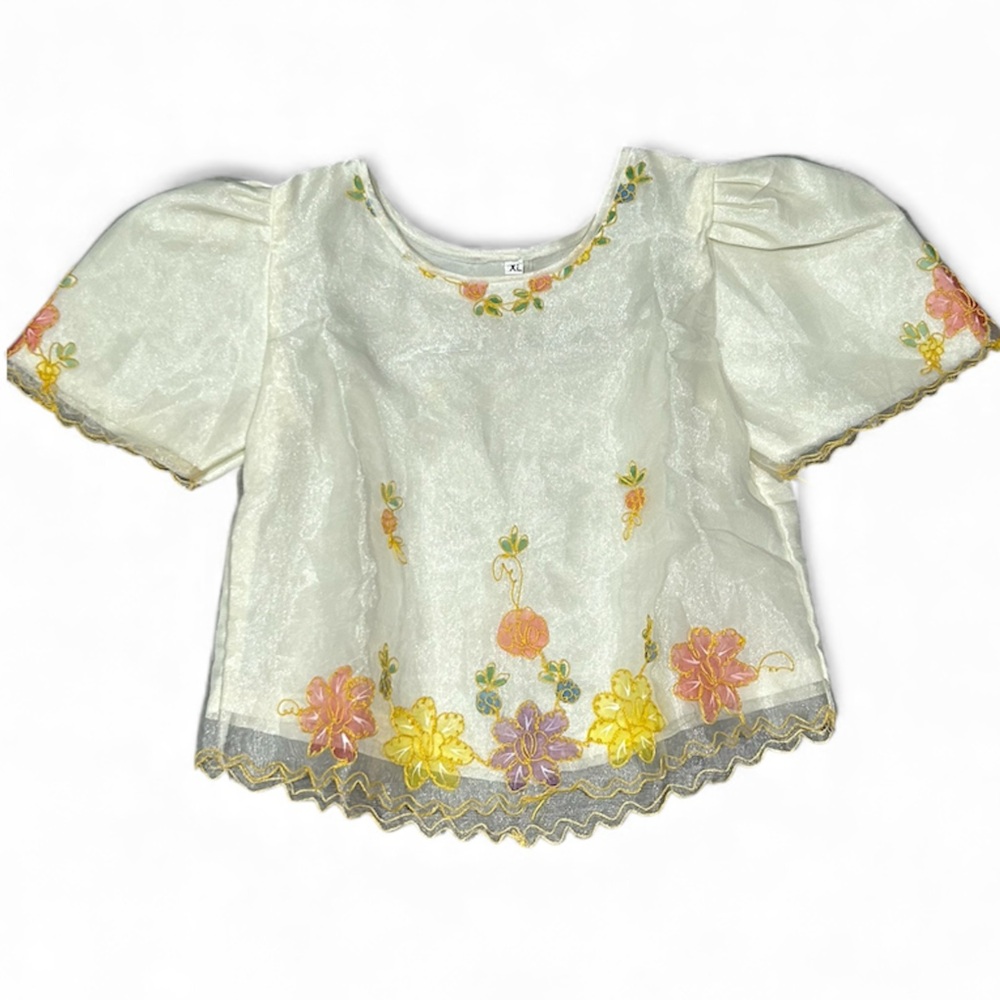 Floral Embroidered Kids Filipiniana Blouse - White and Yellow